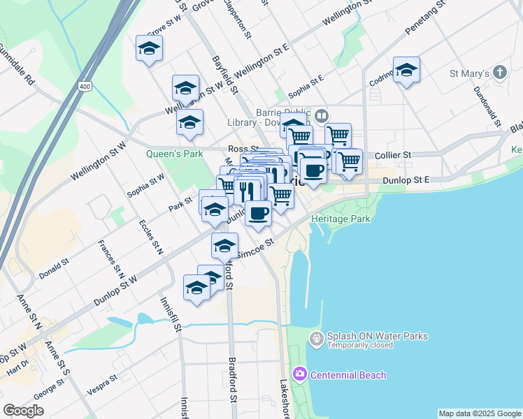 map of restaurants, bars, coffee shops, grocery stores, and more near 32 Mary Street in Barrie
