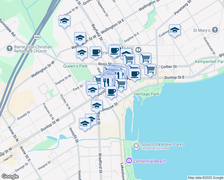 map of restaurants, bars, coffee shops, grocery stores, and more near 32 Mary Street in Barrie