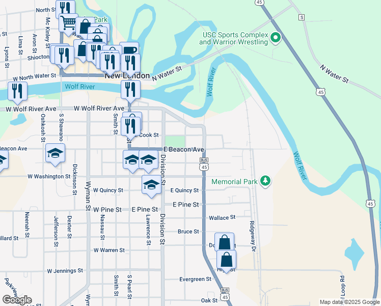 map of restaurants, bars, coffee shops, grocery stores, and more near 422 East Beacon Avenue in New London