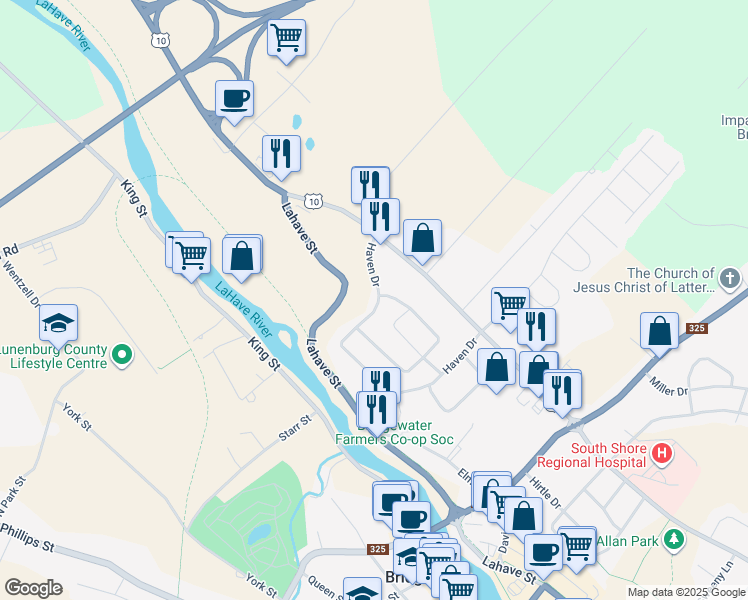 map of restaurants, bars, coffee shops, grocery stores, and more near 227 Haven Drive in Bridgewater