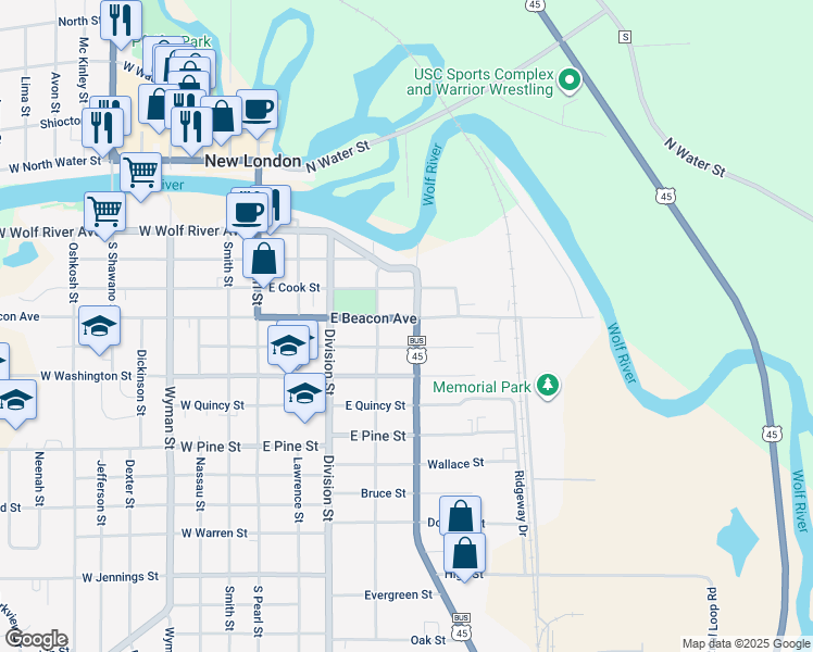 map of restaurants, bars, coffee shops, grocery stores, and more near 422 East Beacon Avenue in New London