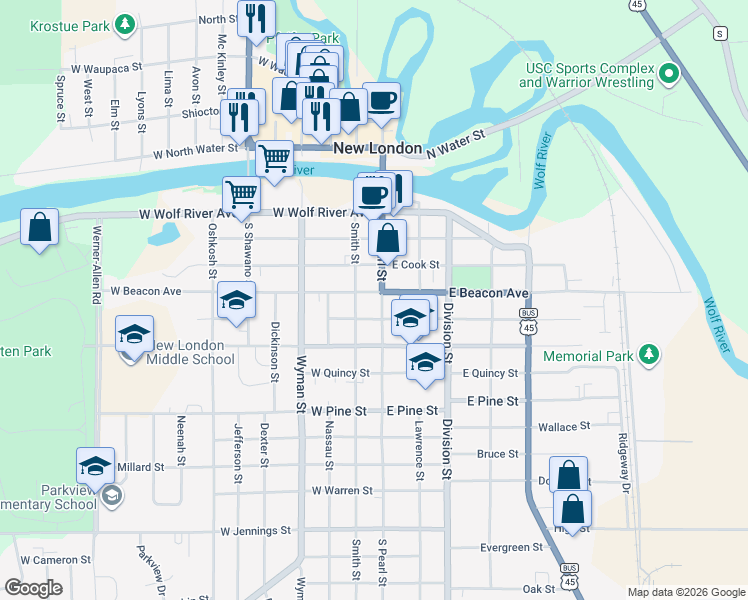 map of restaurants, bars, coffee shops, grocery stores, and more near 100 W Beacon Ave in New London