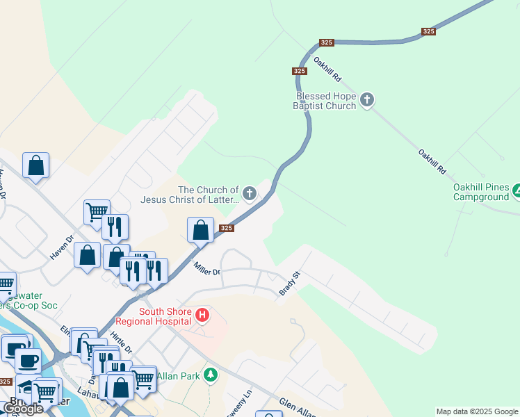 map of restaurants, bars, coffee shops, grocery stores, and more near 372 Nova Scotia 325 in Bridgewater