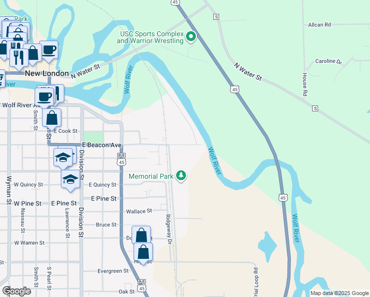 map of restaurants, bars, coffee shops, grocery stores, and more near 728 East Beacon Avenue in New London