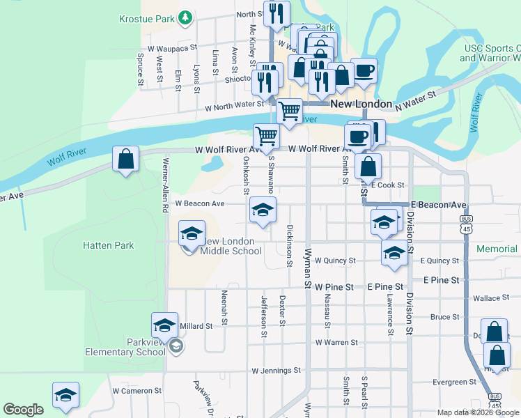 map of restaurants, bars, coffee shops, grocery stores, and more near 610 West Beacon Avenue in New London