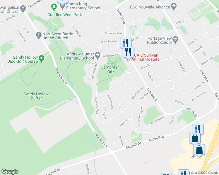 map of restaurants, bars, coffee shops, grocery stores, and more near 56 Shakespeare Crescent in Barrie
