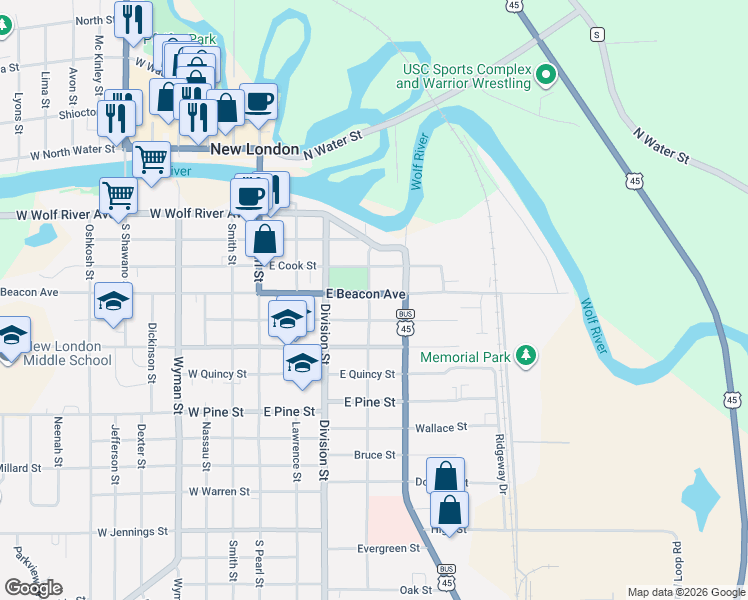 map of restaurants, bars, coffee shops, grocery stores, and more near 422 East Beacon Avenue in New London