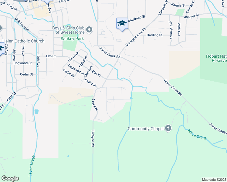 map of restaurants, bars, coffee shops, grocery stores, and more near 2395 Cedar Street in Sweet Home