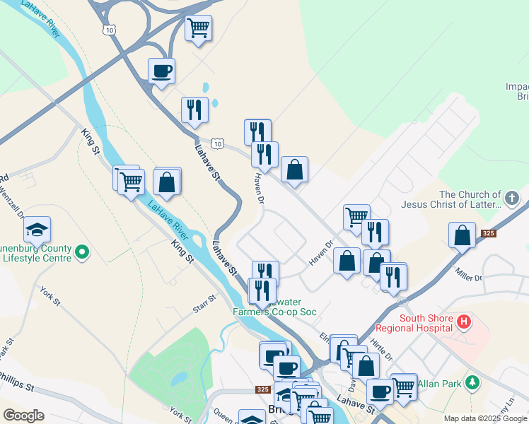 map of restaurants, bars, coffee shops, grocery stores, and more near 227 Haven Drive in Bridgewater