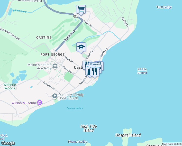 map of restaurants, bars, coffee shops, grocery stores, and more near 21 Main Street in Castine