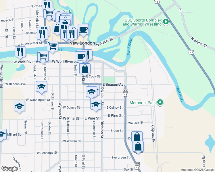 map of restaurants, bars, coffee shops, grocery stores, and more near 308 East Beacon Avenue in New London