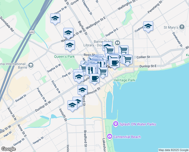 map of restaurants, bars, coffee shops, grocery stores, and more near 32 Mary Street in Barrie