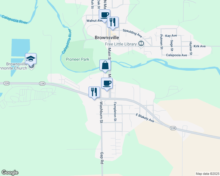 map of restaurants, bars, coffee shops, grocery stores, and more near 204 Main Street in Brownsville