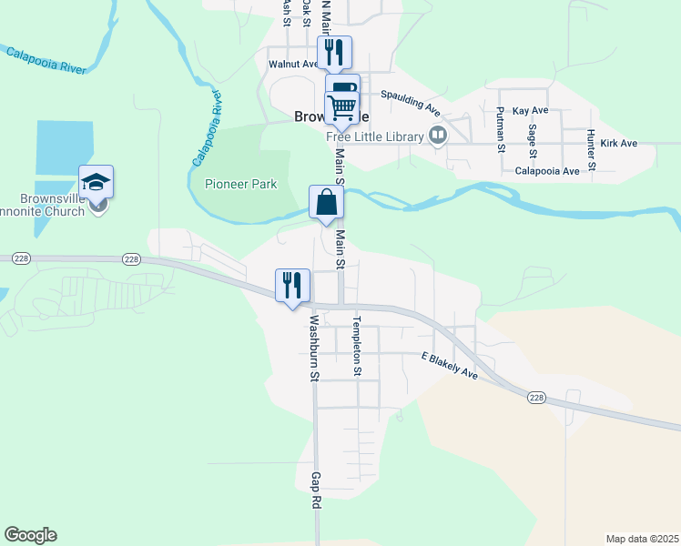 map of restaurants, bars, coffee shops, grocery stores, and more near 204 Main Street in Brownsville
