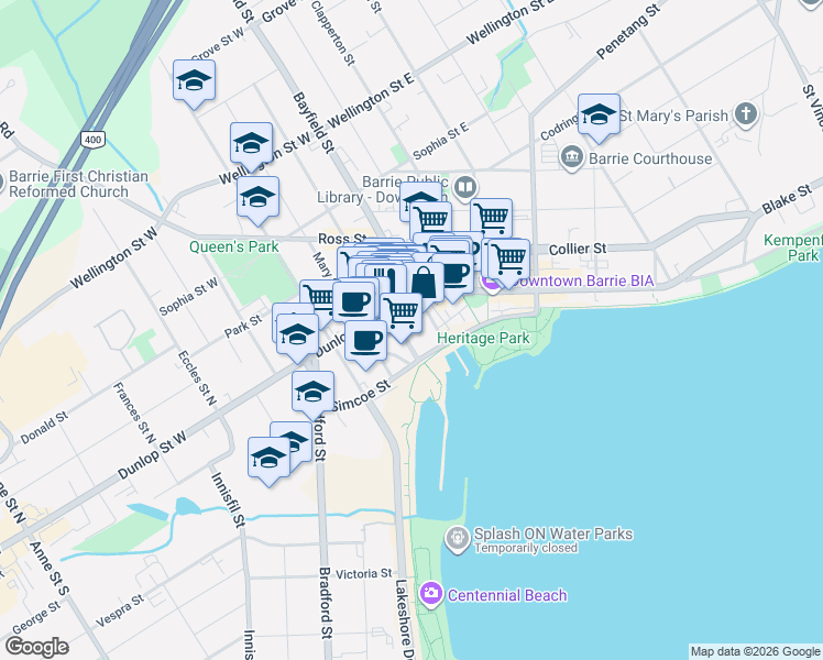 map of restaurants, bars, coffee shops, grocery stores, and more near 35 Dunlop Street West in Barrie