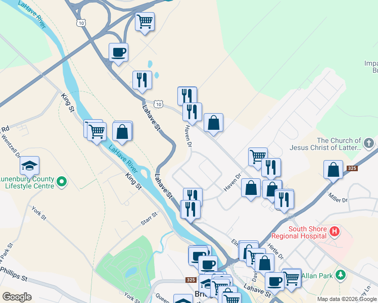 map of restaurants, bars, coffee shops, grocery stores, and more near 227 Haven Drive in Bridgewater