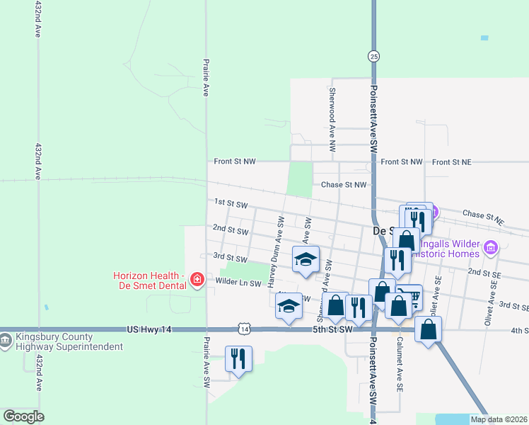 map of restaurants, bars, coffee shops, grocery stores, and more near Andrews Avenue Southwest in De Smet
