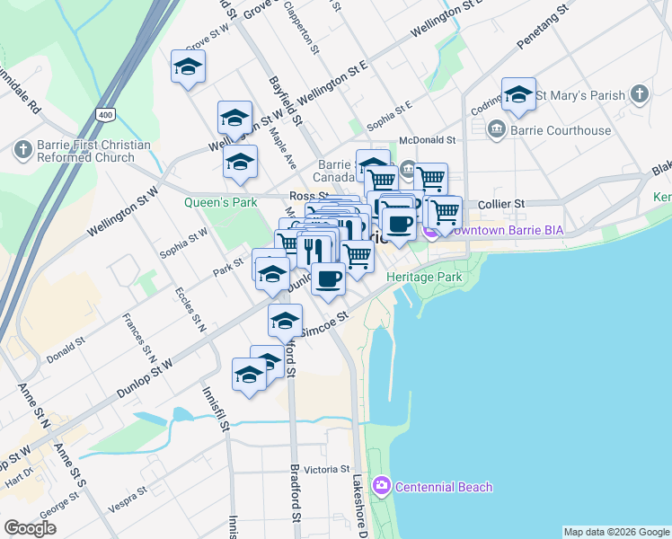 map of restaurants, bars, coffee shops, grocery stores, and more near 39 Mary Street in Barrie