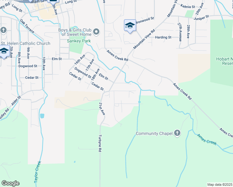 map of restaurants, bars, coffee shops, grocery stores, and more near 2395 Cedar Street in Sweet Home