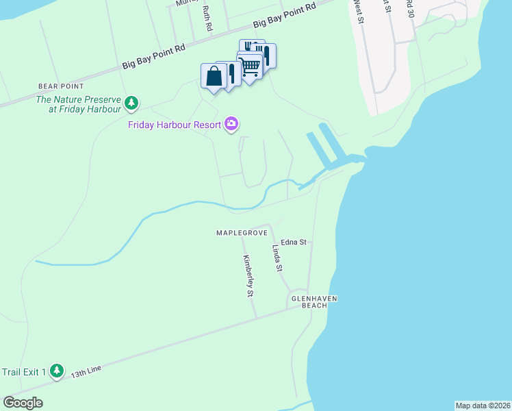 map of restaurants, bars, coffee shops, grocery stores, and more near 3647 Riva Avenue in Innisfil