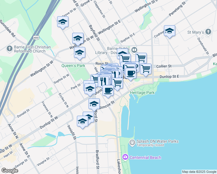 map of restaurants, bars, coffee shops, grocery stores, and more near 32 Mary Street in Barrie