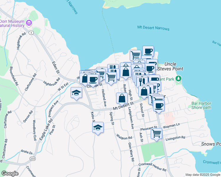map of restaurants, bars, coffee shops, grocery stores, and more near 86 Cottage Street in Bar Harbor