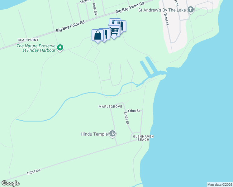 map of restaurants, bars, coffee shops, grocery stores, and more near 3549 Linda Street in Innisfil