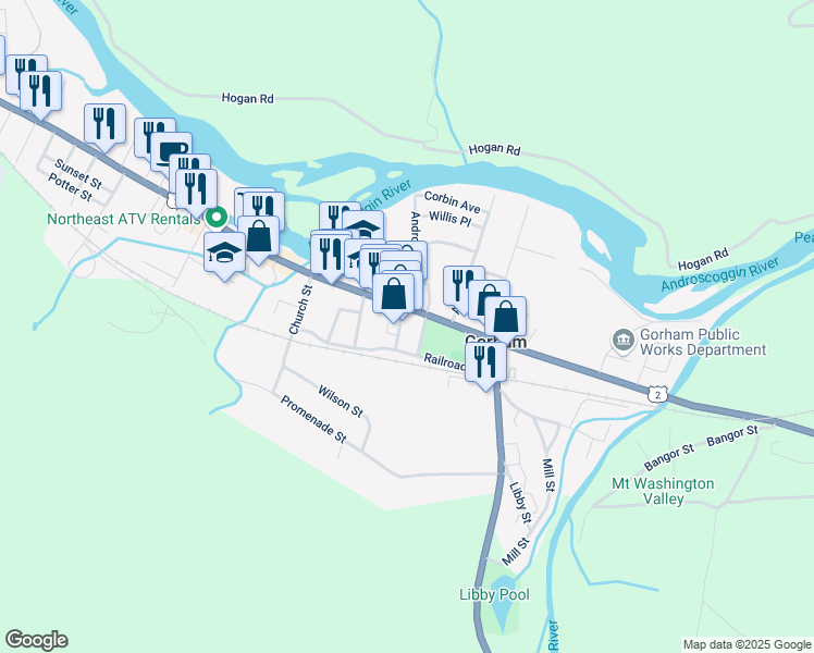 map of restaurants, bars, coffee shops, grocery stores, and more near 27 Exchange Street in Gorham