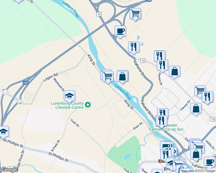 map of restaurants, bars, coffee shops, grocery stores, and more near 1095 King Street in Bridgewater