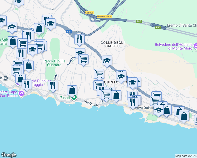 map of restaurants, bars, coffee shops, grocery stores, and more near 22 Via Giuseppe Majorana in Genova