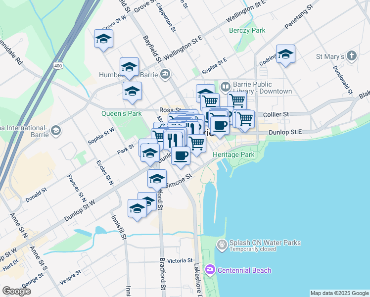 map of restaurants, bars, coffee shops, grocery stores, and more near 55 Dunlop Street West in Barrie