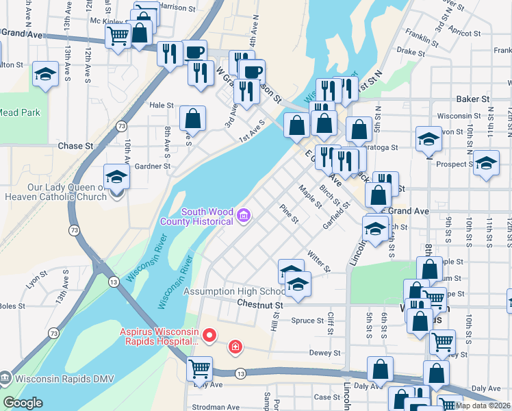 map of restaurants, bars, coffee shops, grocery stores, and more near 521 2nd Street South in Wisconsin Rapids