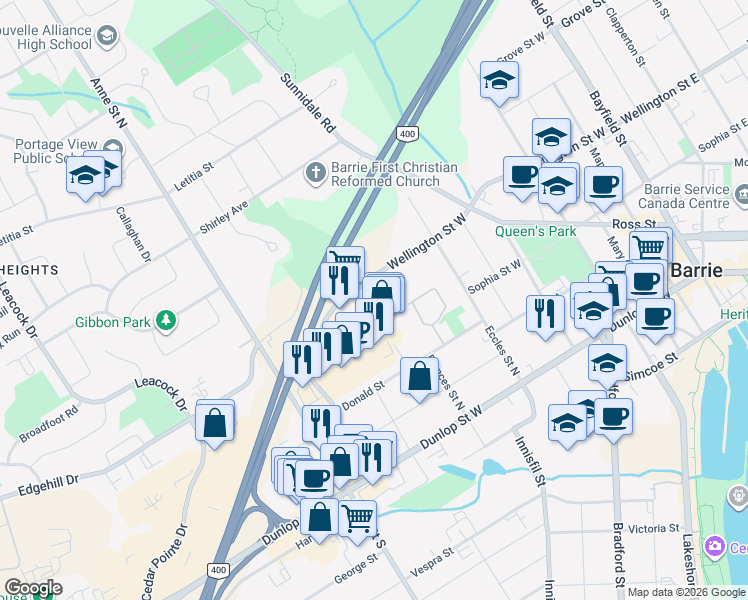 map of restaurants, bars, coffee shops, grocery stores, and more near 125 Wellington Street West in Barrie