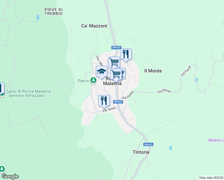 map of restaurants, bars, coffee shops, grocery stores, and more near 99 Via Ronzone in Rocca Malatina