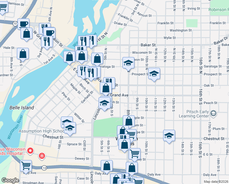 map of restaurants, bars, coffee shops, grocery stores, and more near 220 7th Street South in Wisconsin Rapids