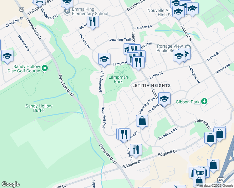 map of restaurants, bars, coffee shops, grocery stores, and more near 64 Shakespeare Crescent in Barrie