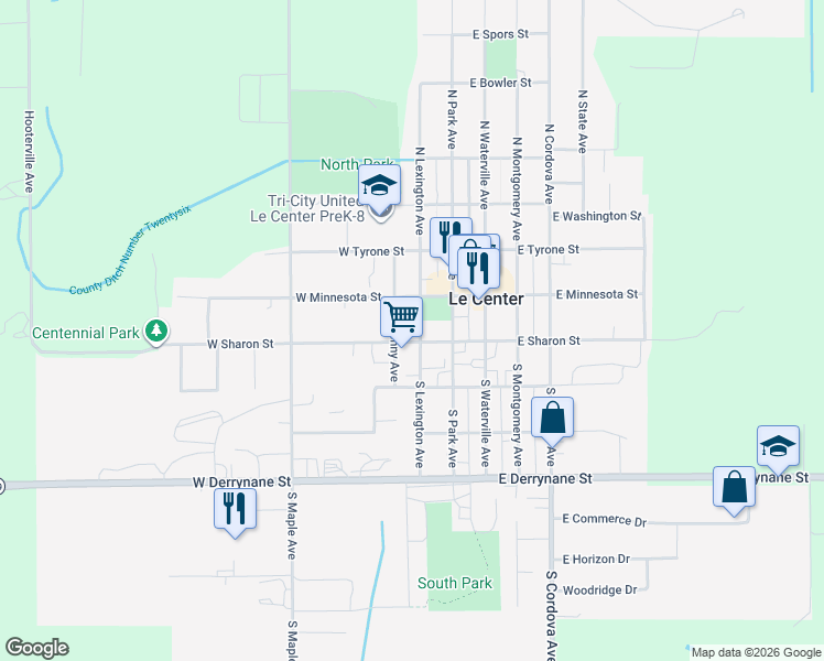 map of restaurants, bars, coffee shops, grocery stores, and more near 76 South Lexington Avenue in Le Center