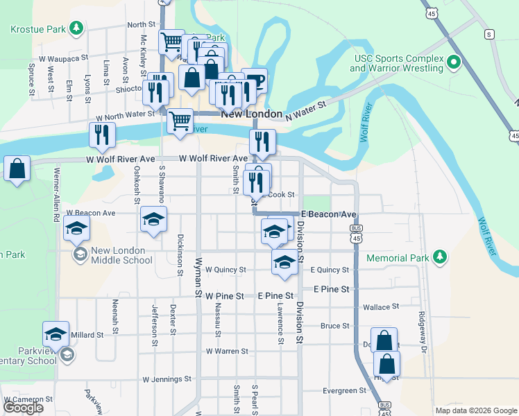 map of restaurants, bars, coffee shops, grocery stores, and more near 100 West Beacon Avenue in New London