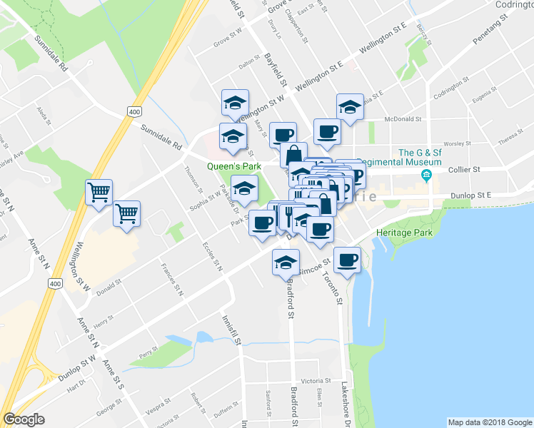 map of restaurants, bars, coffee shops, grocery stores, and more near in Barrie