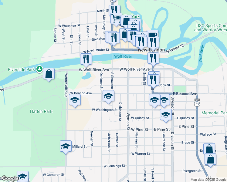 map of restaurants, bars, coffee shops, grocery stores, and more near 502 West Beacon Avenue in New London