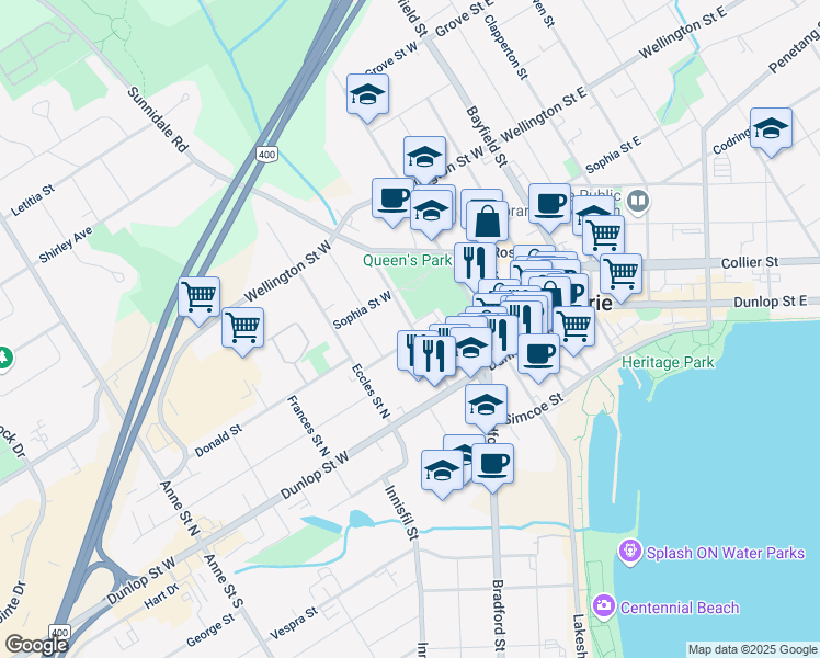 map of restaurants, bars, coffee shops, grocery stores, and more near 37 Parkside Drive in Barrie