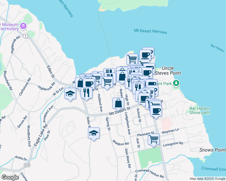 map of restaurants, bars, coffee shops, grocery stores, and more near 21 Greeley Avenue in Bar Harbor