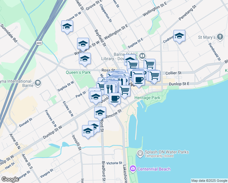 map of restaurants, bars, coffee shops, grocery stores, and more near 32 Mary Street in Barrie