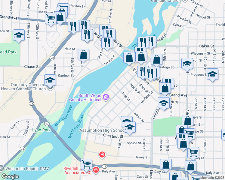 map of restaurants, bars, coffee shops, grocery stores, and more near 521 3rd Street South in Wisconsin Rapids