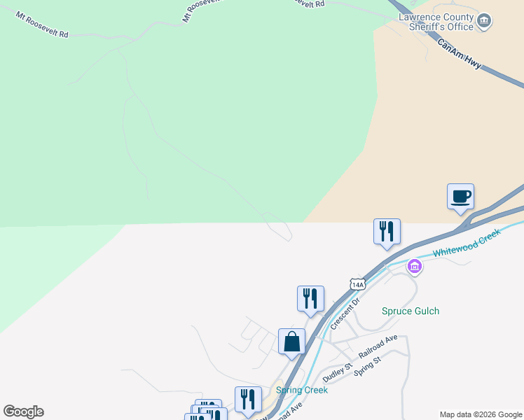 map of restaurants, bars, coffee shops, grocery stores, and more near Williams Street in Deadwood