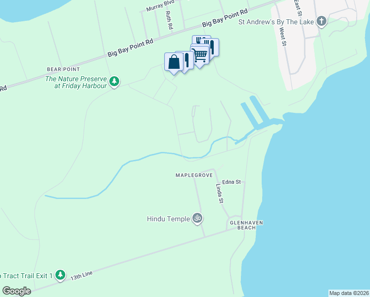 map of restaurants, bars, coffee shops, grocery stores, and more near 3517 Linda Street in Innisfil