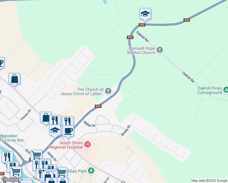 map of restaurants, bars, coffee shops, grocery stores, and more near 372 Nova Scotia 325 in Bridgewater