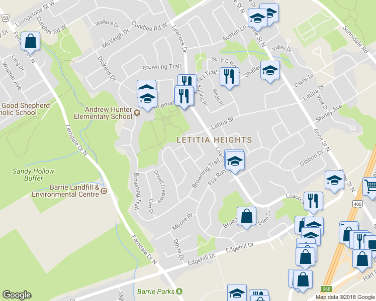 map of restaurants, bars, coffee shops, grocery stores, and more near in Barrie