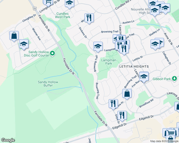 map of restaurants, bars, coffee shops, grocery stores, and more near 8 Hailey Hollow in Barrie