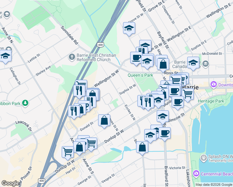 map of restaurants, bars, coffee shops, grocery stores, and more near 70 Eccles Street North in Barrie